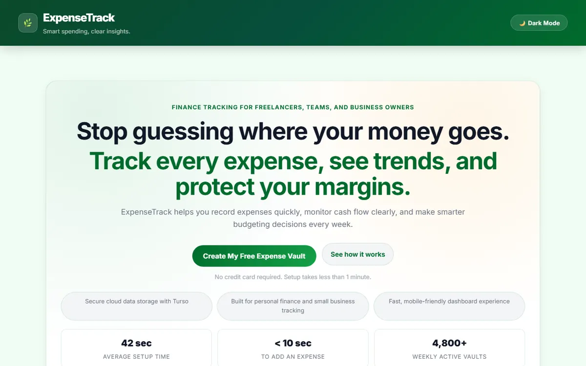 The ExpenseTrack landing page with setup-time and active-vault statistics.