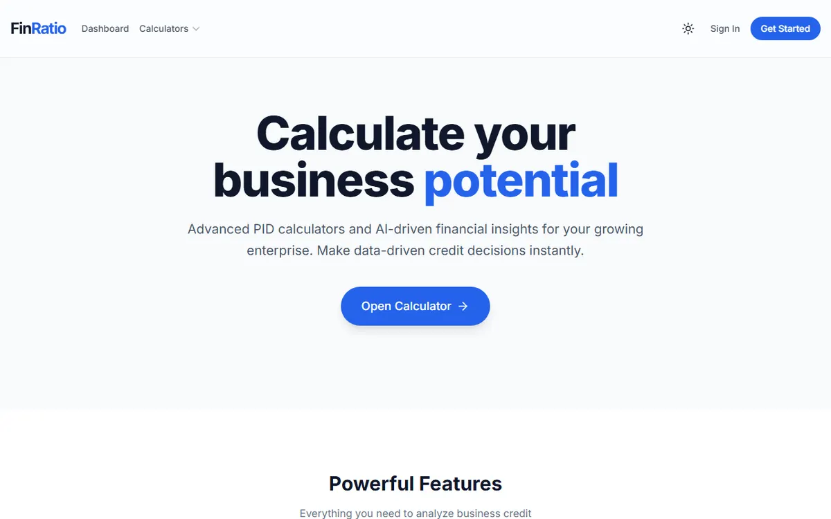The FinRatio landing page and its business-potential calculator.