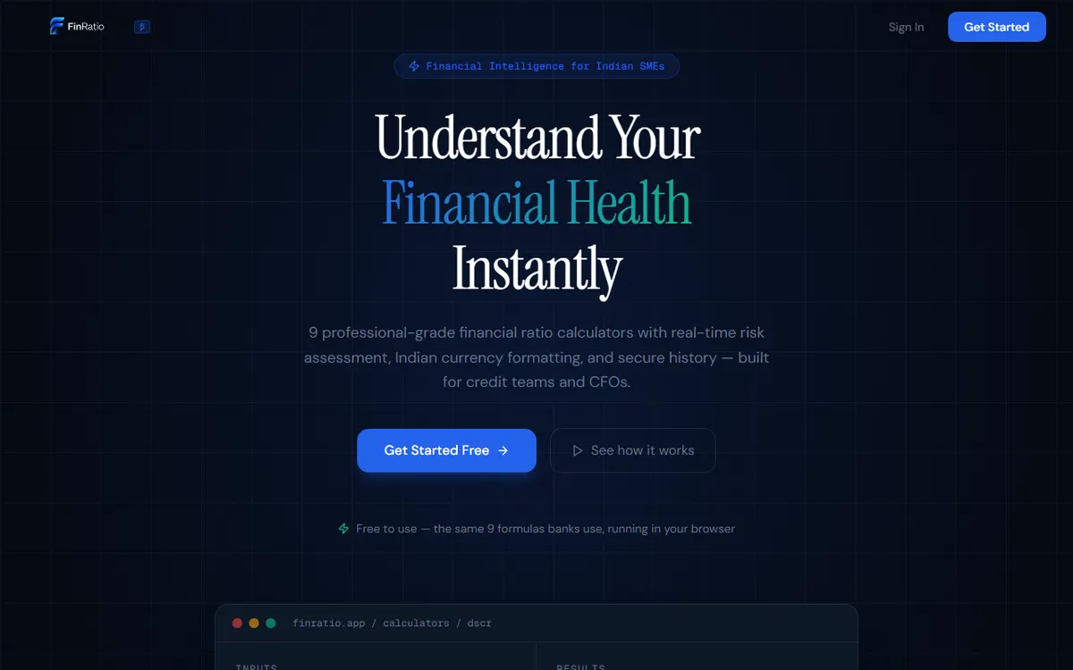 The FinRatio SaaS platform landing page.