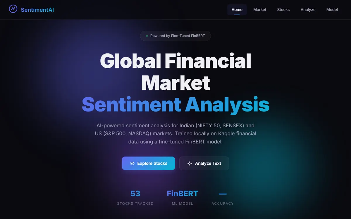 The SentimentAI dashboard homepage showing the fine-tuned FinBERT model and stocks tracked.